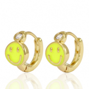 Brass TQ Metall Ohrringe Creolen Enamel Smiley Yellow crystal-gold