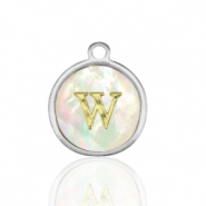 Stainless Steel - Rostfrei Stahl Anh&auml;nger 12mm shell initial W White (Naturliche Farbe Muschel)-silver