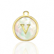 Stainless Steel - Rostfrei Stahl Anh&auml;nger 12mm shell initial V White (Naturliche Farbe Muschel)-gold