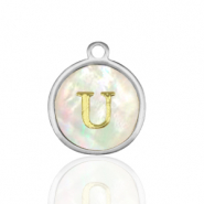 Stainless Steel - Rostfrei Stahl Anh&auml;nger 12mm shell initial U White (Naturliche Farbe Muschel)-silver
