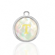 Stainless Steel - Rostfrei Stahl Anh&auml;nger 12mm shell initial T White (Naturliche Farbe Muschel)-silver