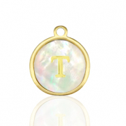 Stainless Steel - Rostfrei Stahl Anh&auml;nger 12mm shell initial T White (Naturliche Farbe Muschel)-gold
