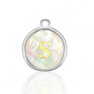 Stainless Steel - Rostfrei Stahl Anh&auml;nger 12mm shell initial S White (Naturliche Farbe Muschel)-silver