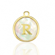 Stainless Steel - Rostfrei Stahl Anh&auml;nger 12mm shell initial R White (Naturliche Farbe Muschel)-gold