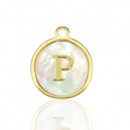 Stainless Steel - Rostfrei Stahl Anh&auml;nger 12mm shell initial P White (Naturliche Farbe Muschel)-gold