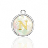 Stainless Steel - Rostfrei Stahl Anh&auml;nger 12mm shell initial N White (Naturliche Farbe Muschel)-silver