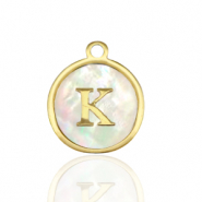 Stainless Steel - Rostfrei Stahl Anh&auml;nger 12mm shell initial K White (Naturliche Farbe Muschel)-gold