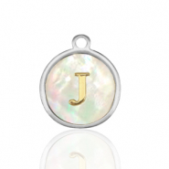 Stainless Steel - Rostfrei Stahl Anh&auml;nger 12mm shell initial J White (Naturliche Farbe Muschel)-silver