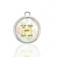 Stainless Steel - Rostfrei Stahl Anh&auml;nger 12mm shell initial H White (Naturliche Farbe Muschel)-silver