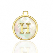 Stainless Steel - Rostfrei Stahl Anh&auml;nger 12mm shell initial H White (Naturliche Farbe Muschel)-gold