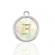Stainless Steel - Rostfrei Stahl Anh&auml;nger 12mm shell initial F White (Naturliche Farbe Muschel)-silver