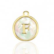 Stainless Steel - Rostfrei Stahl Anh&auml;nger 12mm shell initial F White (Naturliche Farbe Muschel)-gold