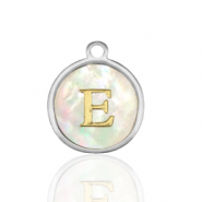 Stainless Steel - Rostfrei Stahl Anh&auml;nger 12mm shell initial E White (Naturliche Farbe Muschel)-silver