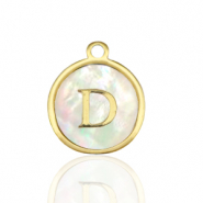Stainless Steel - Rostfrei Stahl Anh&auml;nger 12mm shell initial D White (Naturliche Farbe Muschel)-gold