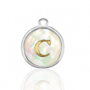 Stainless Steel - Rostfrei Stahl Anh&auml;nger 12mm shell initial C White (Naturliche Farbe Muschel)-silver