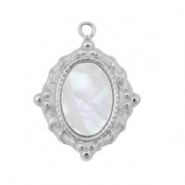 Stainless Steel - Rostfrei Stahl Anh&auml;nger Muschel Salzwasserperlmutt Oval Silver-white (Naturliche Farbe Muschel)