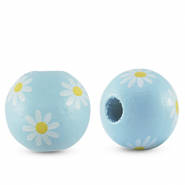 Holzperlen rund 16mm Blume Light blue