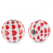 Holzperlen rund 16mm Herz White-red