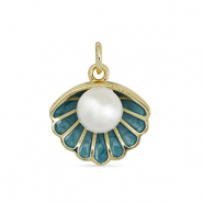 Brass TQ Metall Anh&auml;nger Muschel mit Perle Gold-turquoise blue-white