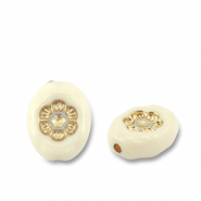 Acrylperlen Oval mit Blume Off white-gold