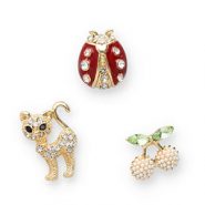 Anstecker Kirschen / Katze / Marienk&auml;fer Gold-green-red-black