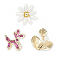 Anstecker Ballonhund / Blume / Blatt Gold-dark pink-white