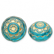 Acrylperlen Rund mit Blume Teal blue-gold