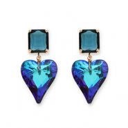 Ohrringe / Ohrstecker aus Kristallglas Rechteck-Herz Petrol blue-multicolor blue AB coating