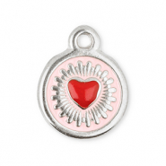 Stainless Steel - Rostfrei Stahl Anh&auml;nger Rund mit Herz Silver-red-light pink