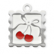 Stainless Steel - Rostfrei Stahl Anh&auml;nger Viereck mit Kirschen Silver-red-white