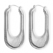Statement Ohrringe&nbsp;/&nbsp;Creolen Oval gerippt mit Rostfrei Stahl-Stecker Silver