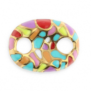 Stainless Steel - Rostfrei Stahl Schmuckzubehör Zwischenstück Oval mit Mosaik Gold-multicolour