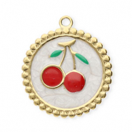 Stainless Steel - Rostfrei Stahl Anhänger Rund mit Kirschen Gold-pearl white-red-green