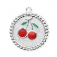 Stainless Steel - Rostfrei Stahl Anhänger Rund mit Kirschen Silver-pearl white-red-green
