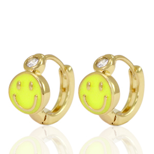 Brass TQ Metall Ohrringe Creolen Enamel Smiley Yellow crystal-gold