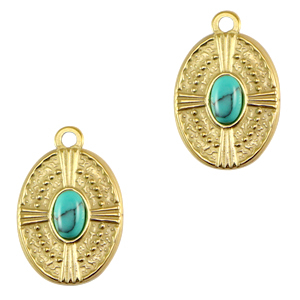 Stainless Steel - Rostfrei Stahl Anh&auml;nger Oval mit Naturstein Gold-turquoise