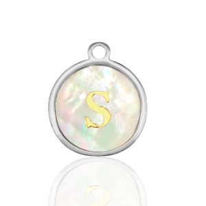 Stainless Steel - Rostfrei Stahl Anh&auml;nger 12mm shell initial S White (Naturliche Farbe Muschel)-silver