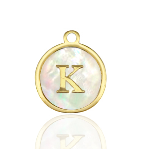 Stainless Steel - Rostfrei Stahl Anh&auml;nger 12mm shell initial K White (Naturliche Farbe Muschel)-gold