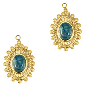Stainless Steel - Rostfrei Stahl Anh&auml;nger Oval mit Naturstein Gold-marble blue
