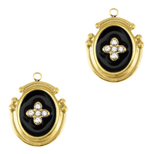 Stainless Steel - Rostfrei Stahl Anh&auml;nger Oval Kreuz Enamel Gold-black