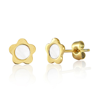 Ohrringe / Ohrstecker aus Stainless Steel - Rostfreiem Stahl Blume Gold-pearl white