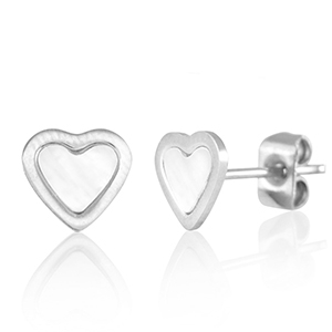 Ohrringe / Ohrstecker aus Stainless Steel - Rostfreiem Stahl Herz Silver-pearl white