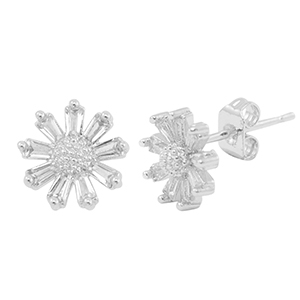 Brass TQ Metall Ohrringe / Ohrstecker Zirkonia Blume Silver
