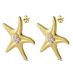 Ohrringe / Ohrstecker aus Stainless Steel - Rostfreiem Stahl Seestern Imitationsperlen Gold