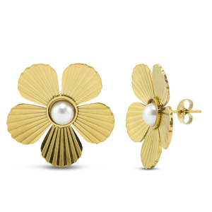 Ohrringe / Ohrstecker aus Stainless Steel - Rostfreiem Stahl Blume mit Imitation perlen Gold