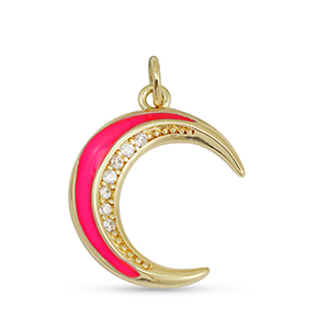 Brass TQ Metall Anh&auml;nger Zirkonia Mond Gold-fuchsia pink