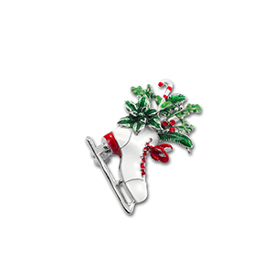 Broschen Schlittschuh mit Tannenzweigen Silver-white-green