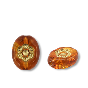 Acrylperlen Oval mit Blume Cognac brown-gold