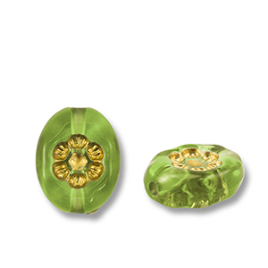 Acrylperlen Oval mit Blume Olive green-gold