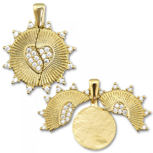 Medaillon Eco-brass&reg; (nachaltiges Messing) Zirkonia Rund mit Herz / Rund Gold